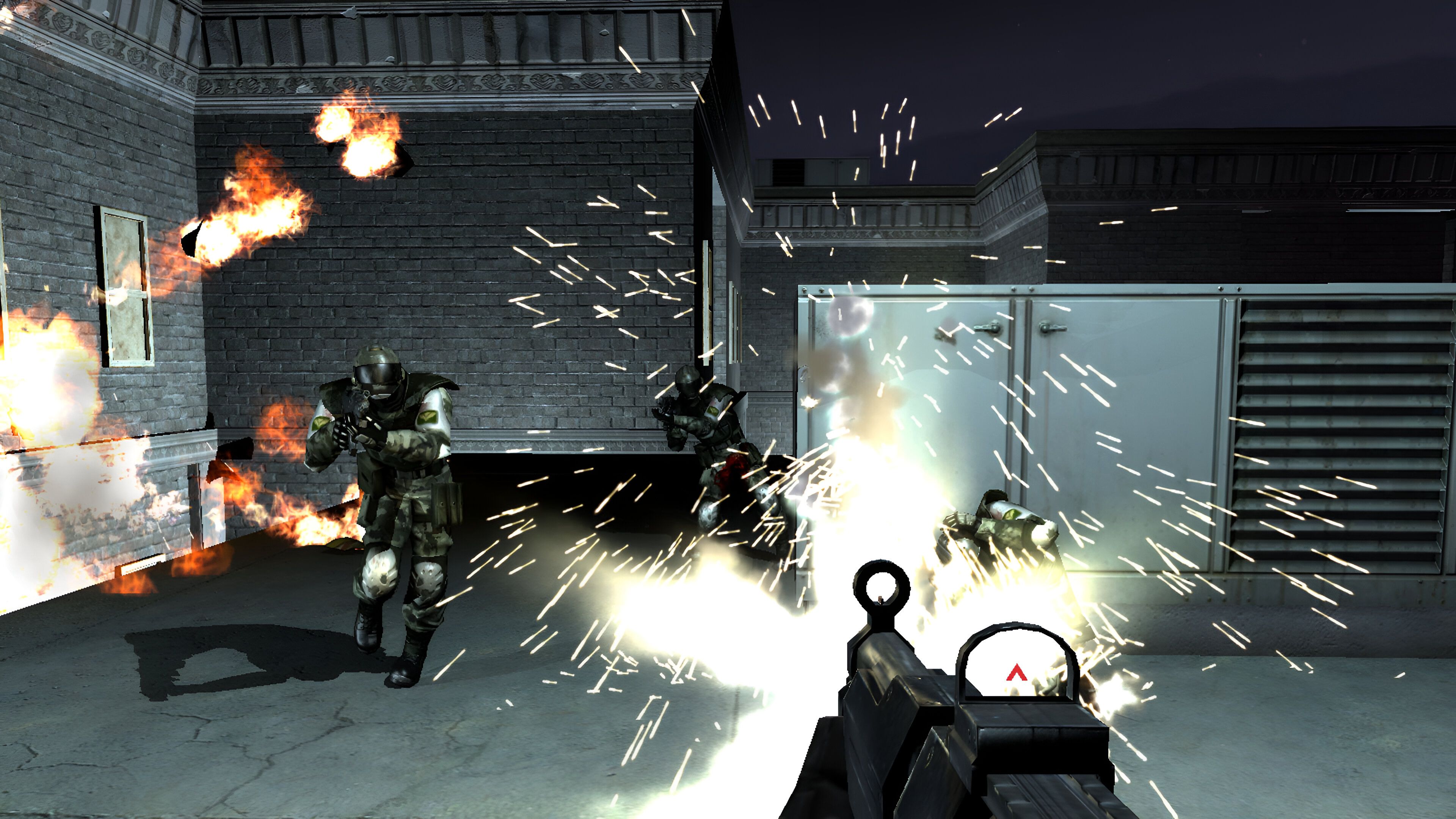 The player character shooting at enemies on a rooftop in F.E.A.R.