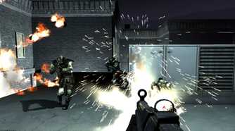 The player character shooting at enemies on a rooftop in F.E.A.R.