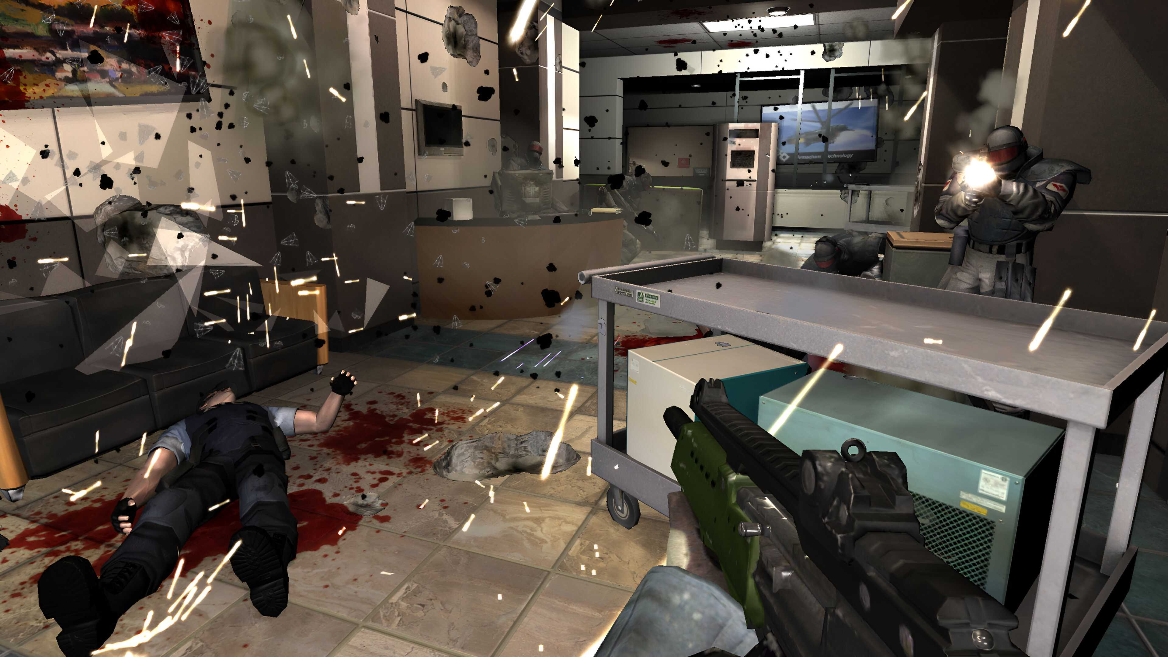 A gameplay screenshot of combat in F.E.A.R.