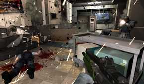 A gameplay screenshot of combat in F.E.A.R.