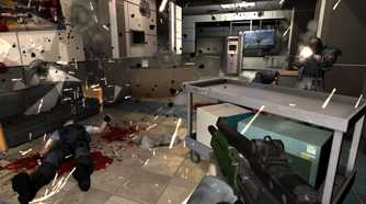 A gameplay screenshot of combat in F.E.A.R.