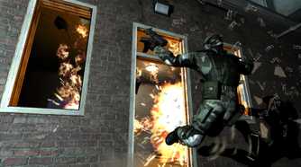 A soldier being pushed out of a room due to an explosion in F.E.A.R.