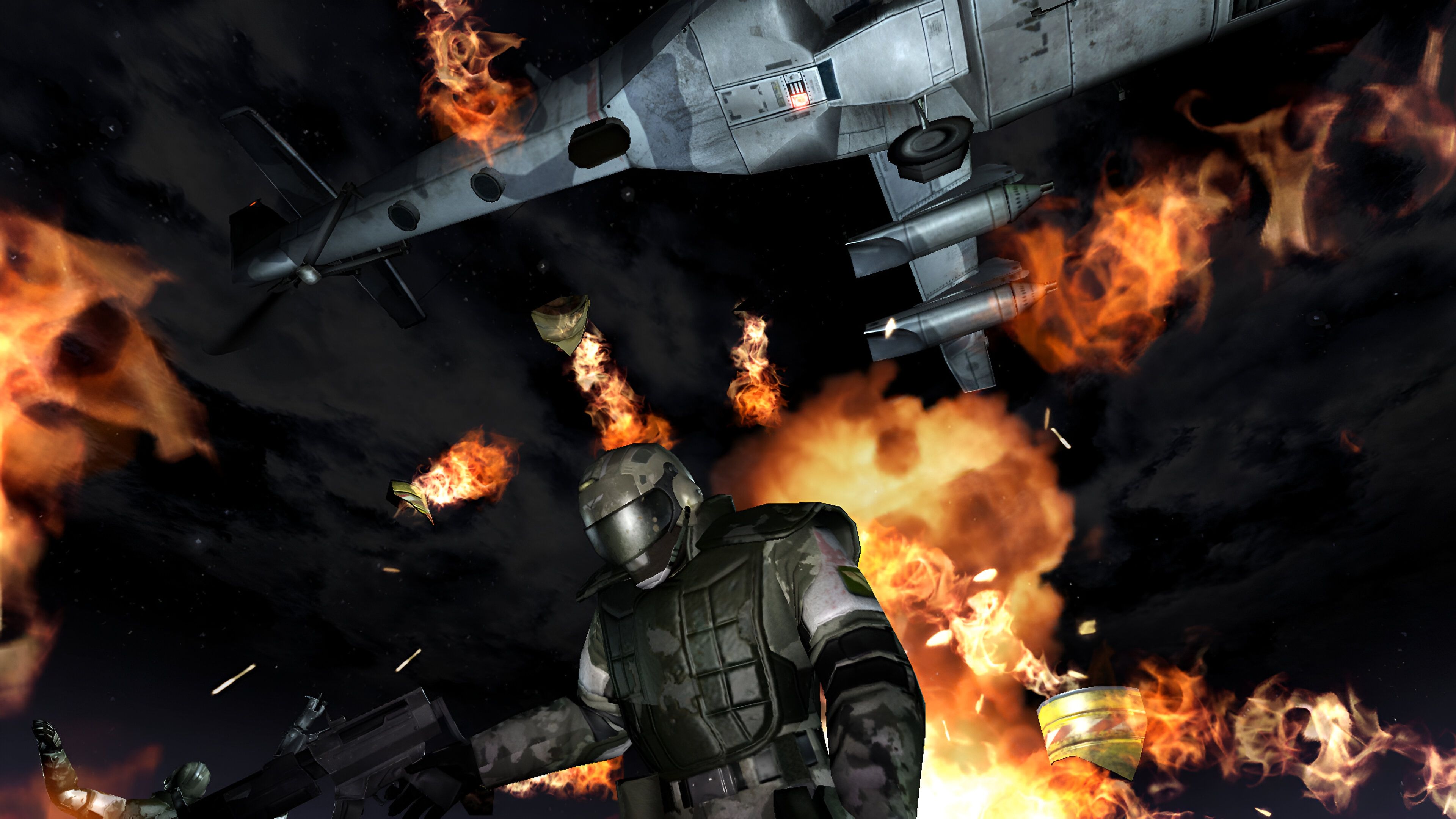 A suited soldier standing underneath a flaming airplane in F.E.A.R.