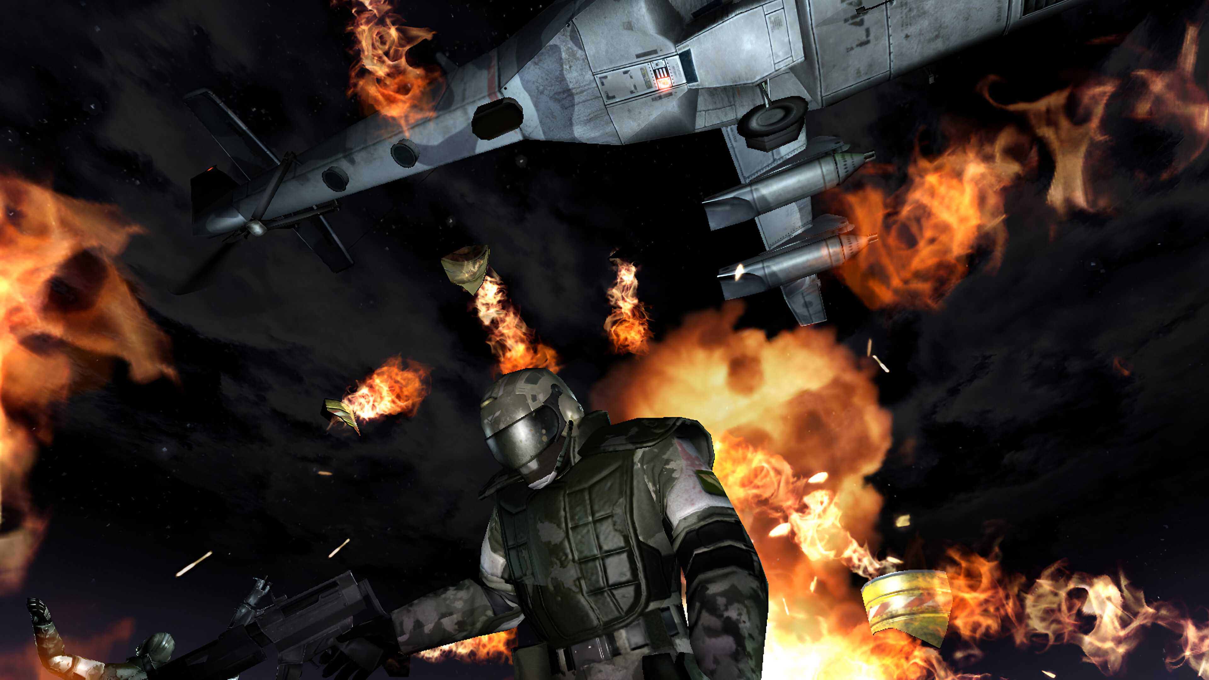 A suited soldier standing underneath a flaming airplane in F.E.A.R.