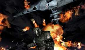 A suited soldier standing underneath a flaming airplane in F.E.A.R.