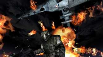 A suited soldier standing underneath a flaming airplane in F.E.A.R.