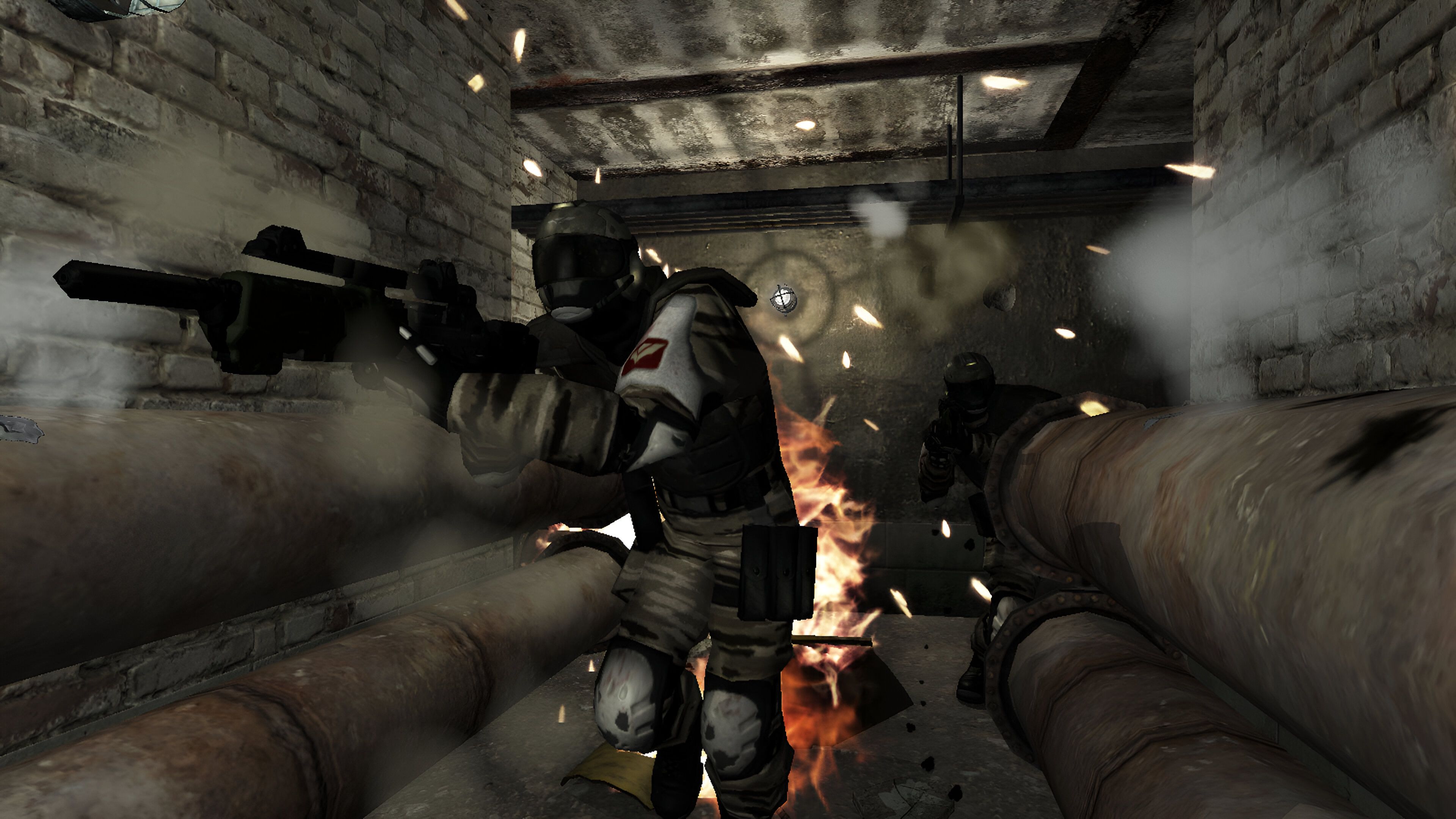 Armed soldiers making their way through sewer lines in F.E.A.R.