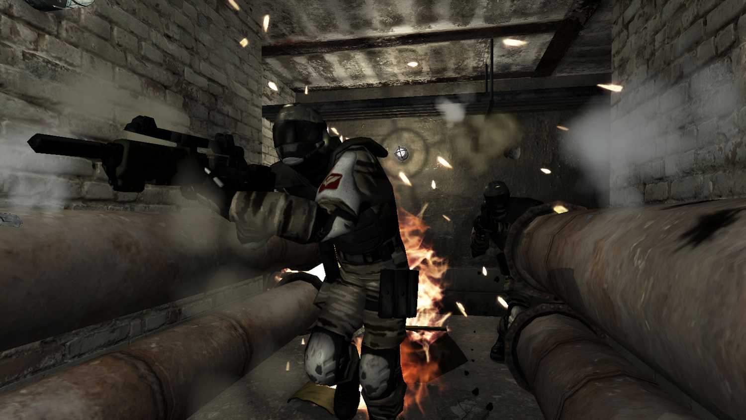 Armed soldiers making their way through sewer lines in F.E.A.R.