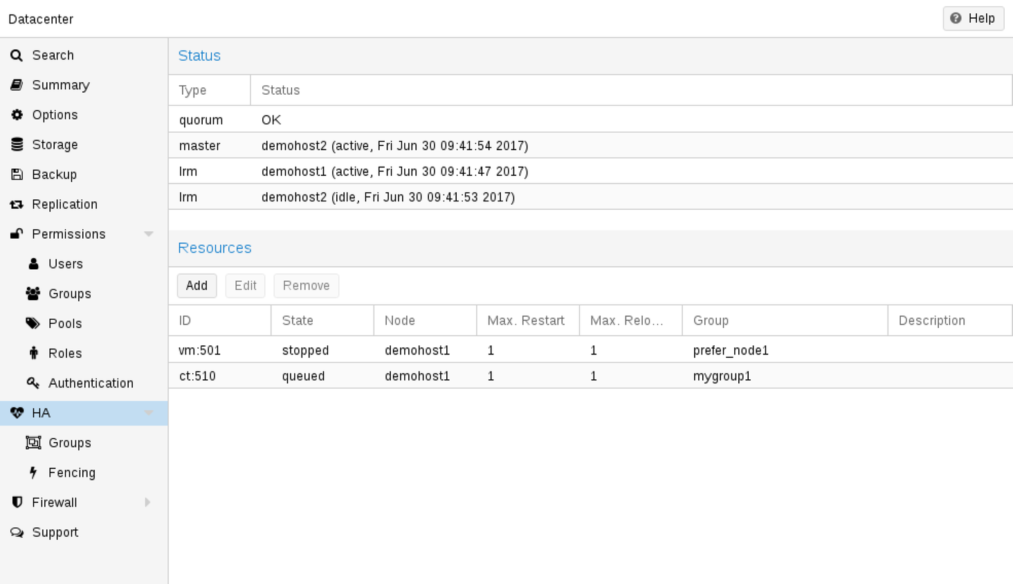 proxmox high availability manager page