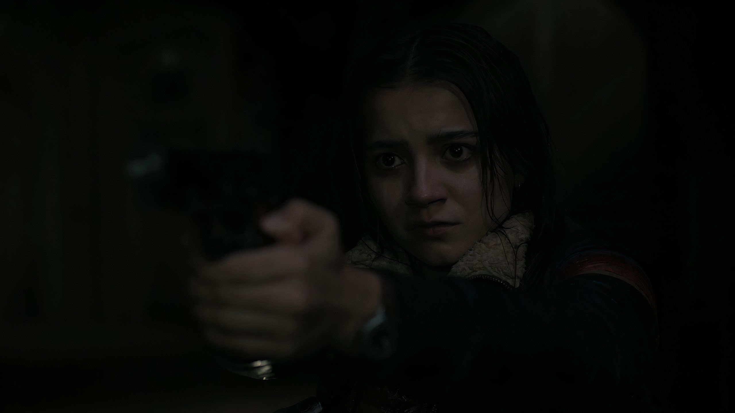 A screengrab from episode 4 of the HBO show The Last of Us Season 2, showing Dina aiming a gun at Ellie.