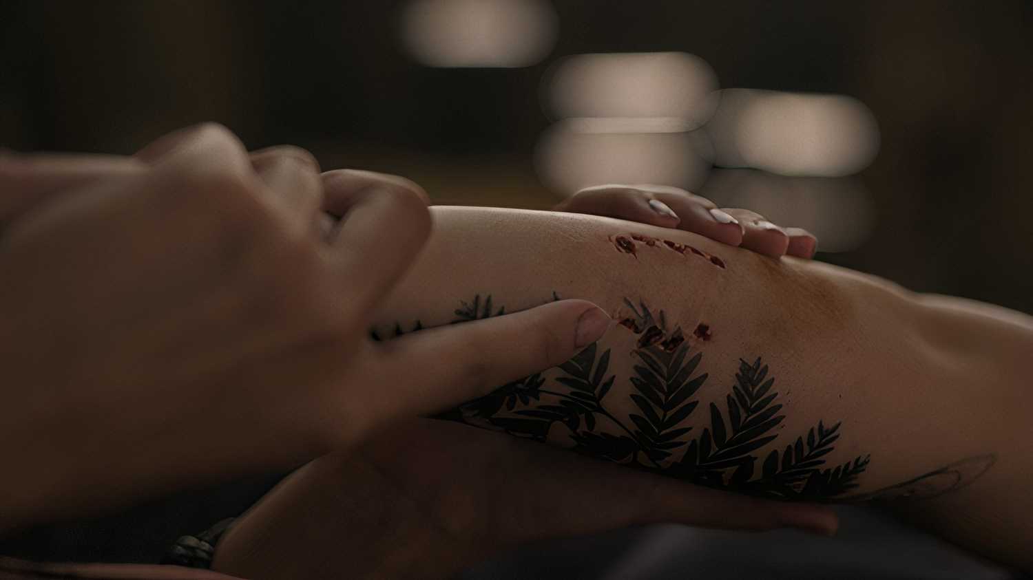 A screengrab from episode 4 of the HBO show The Last of Us Season 2, showing Dina's hands holding Ellie's arm, with a tattoo and bite mark visible on the latter.