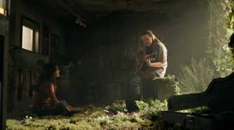A screengrab from episode 4 of the HBO show The Last of Us Season 2, showing Ellie playing the guitar for Dina.