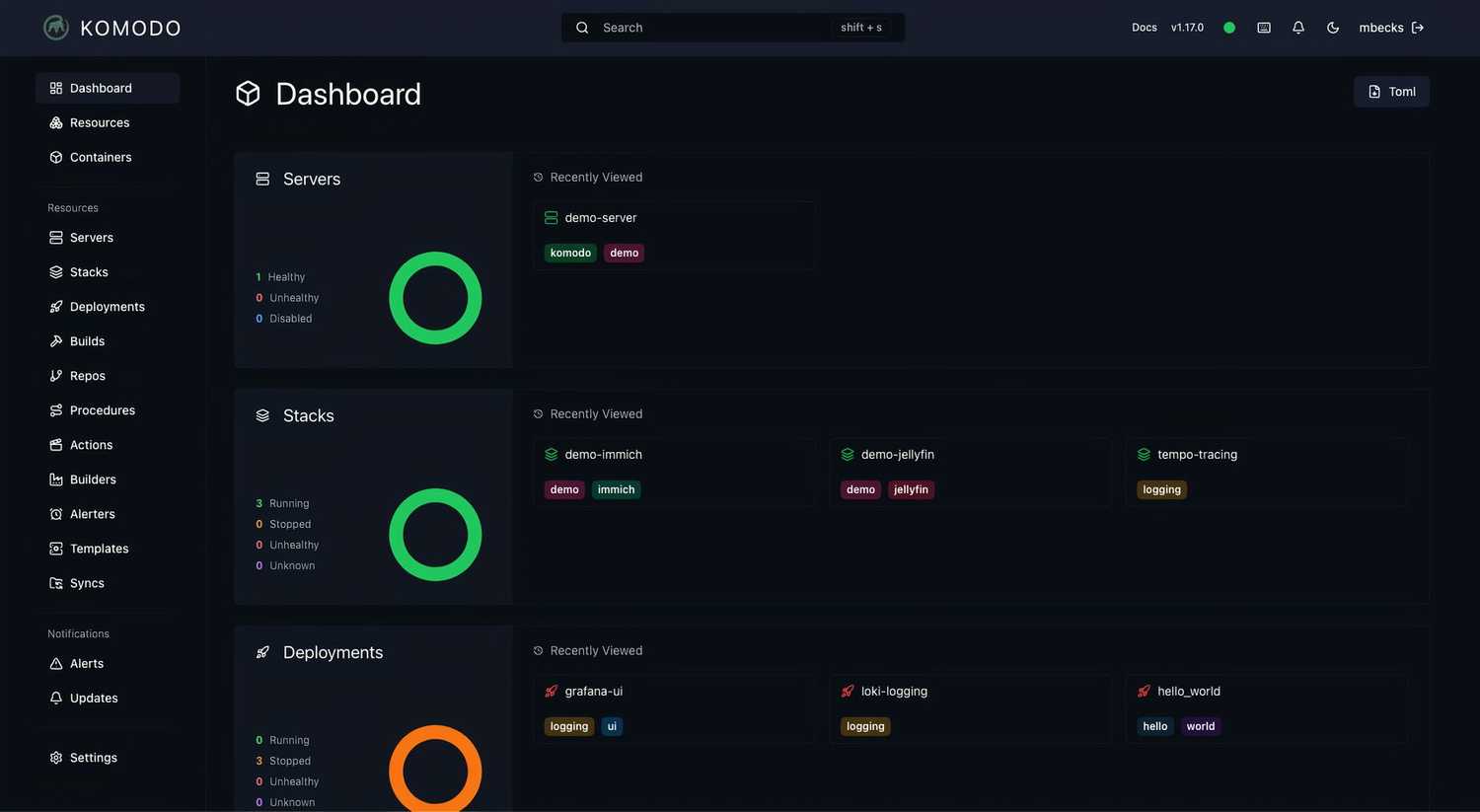 Komodo main dashboard showing servers, stacks, and deployments