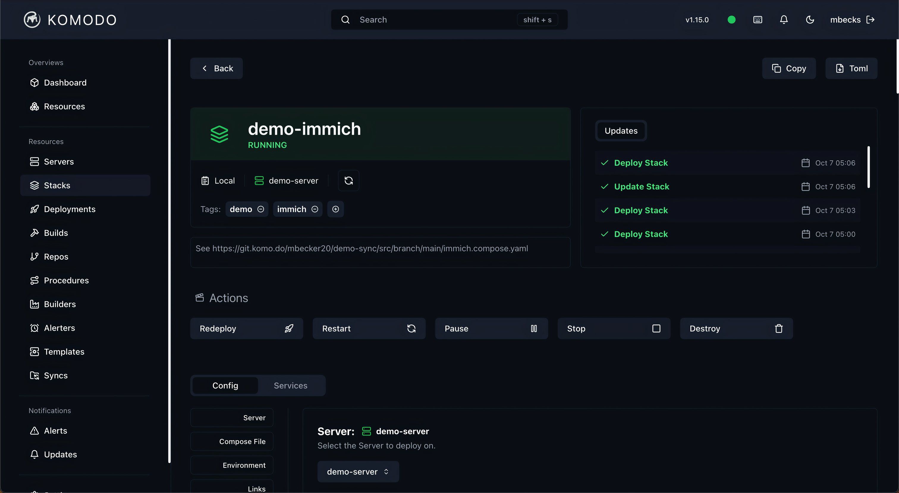 Komodo app with the Stacks resources section open