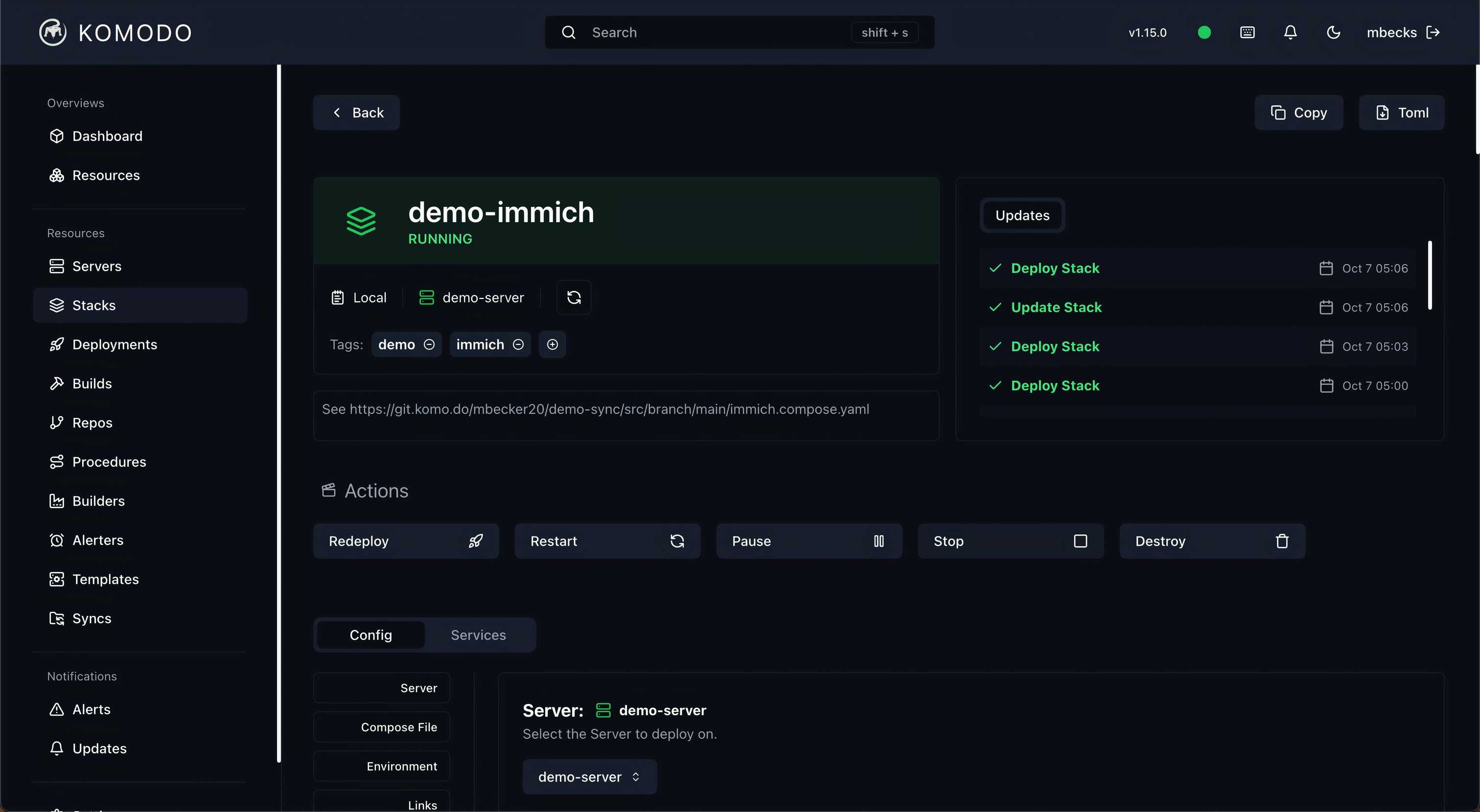 Komodo app with the Stacks resources section open