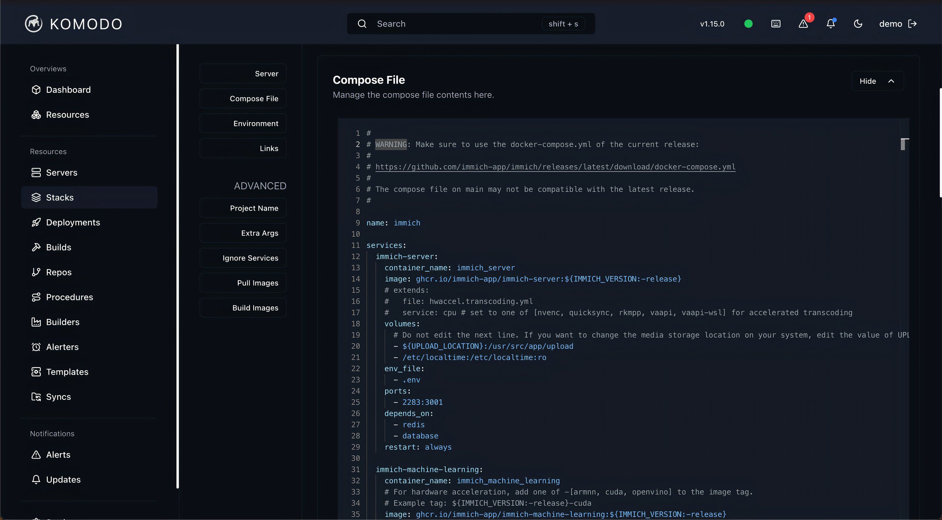 Komodo app showing Compose file in the Stacks resources section