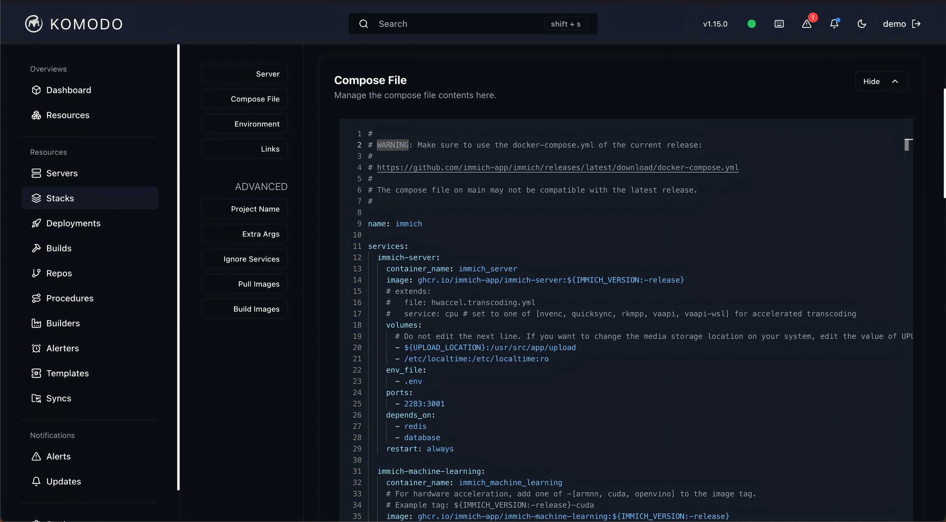 Komodo app showing Compose file in the Stacks resources section