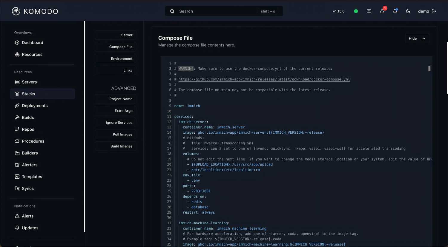 Komodo app showing Compose file in the Stacks resources section