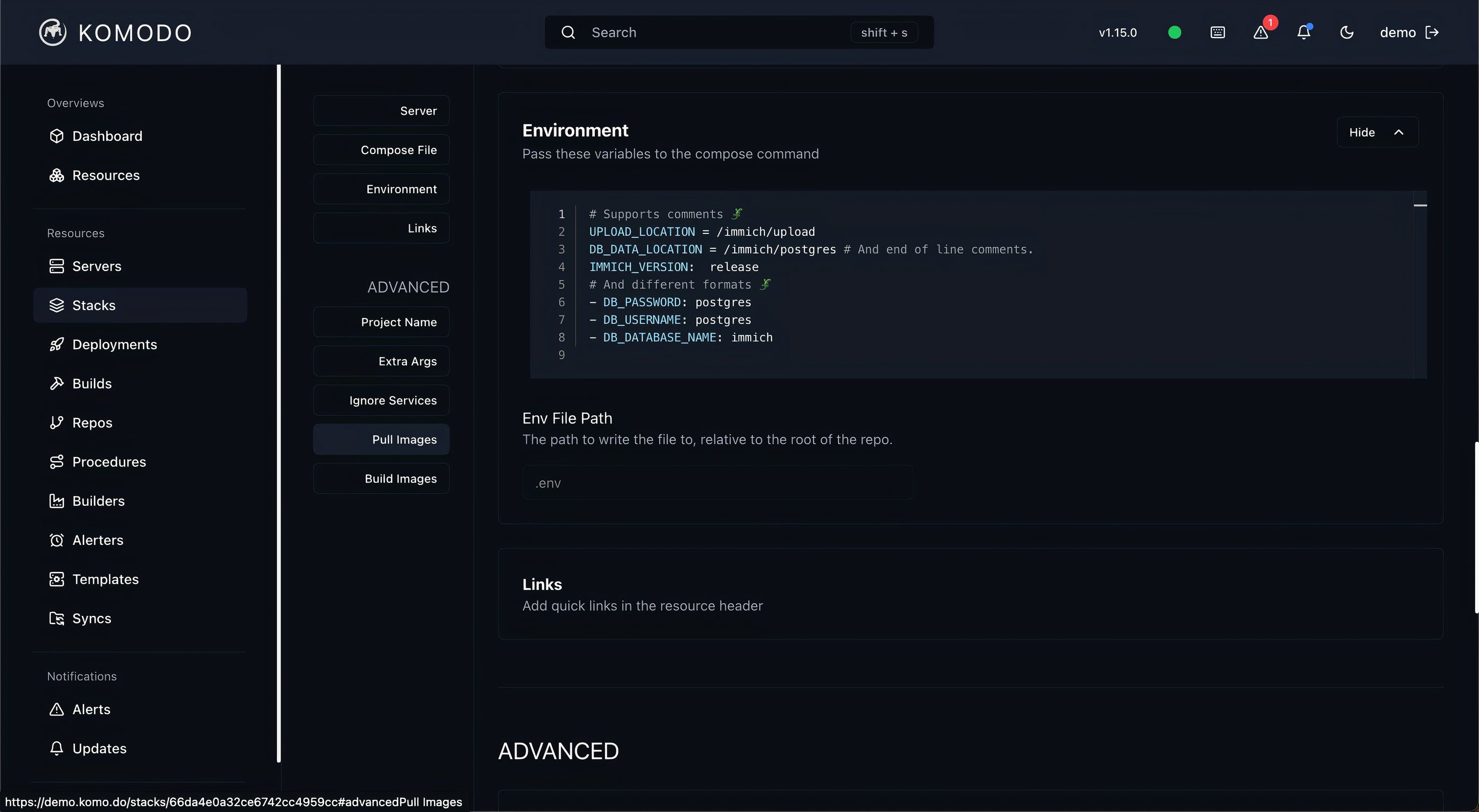 Komodo app showing Environment section under the Stacks resources tab