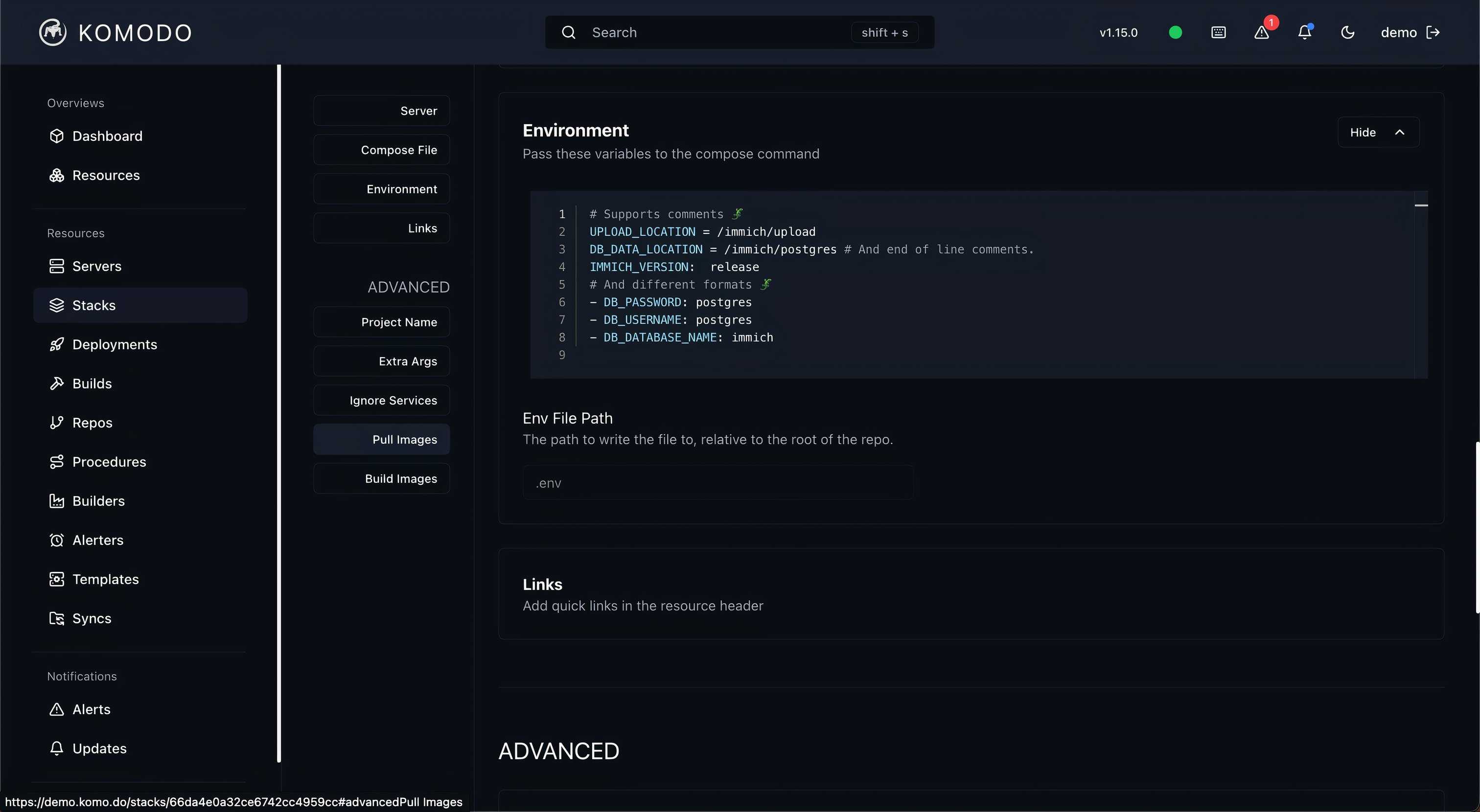 Komodo app showing Environment section under the Stacks resources tab