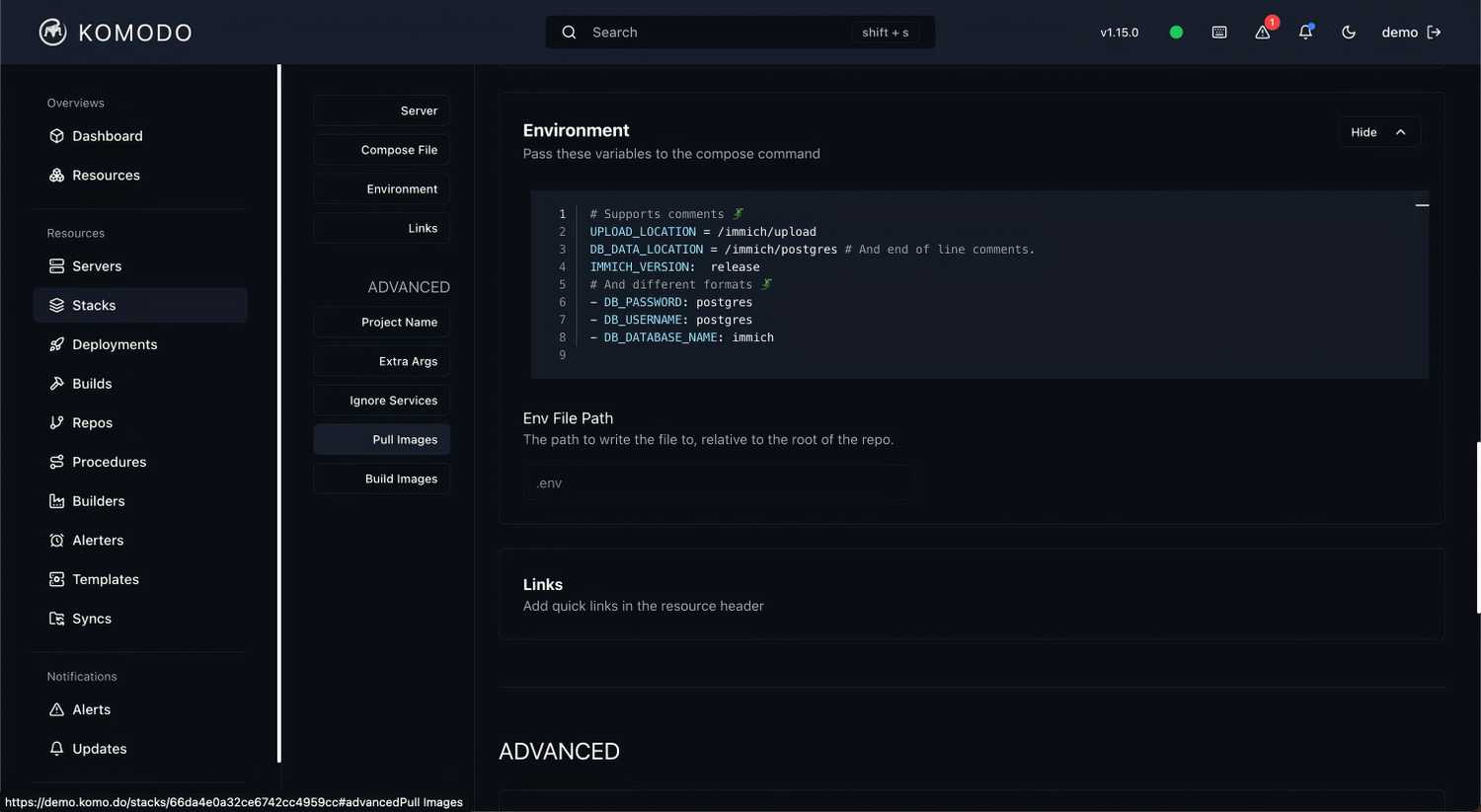 Komodo app showing Environment section under the Stacks resources tab