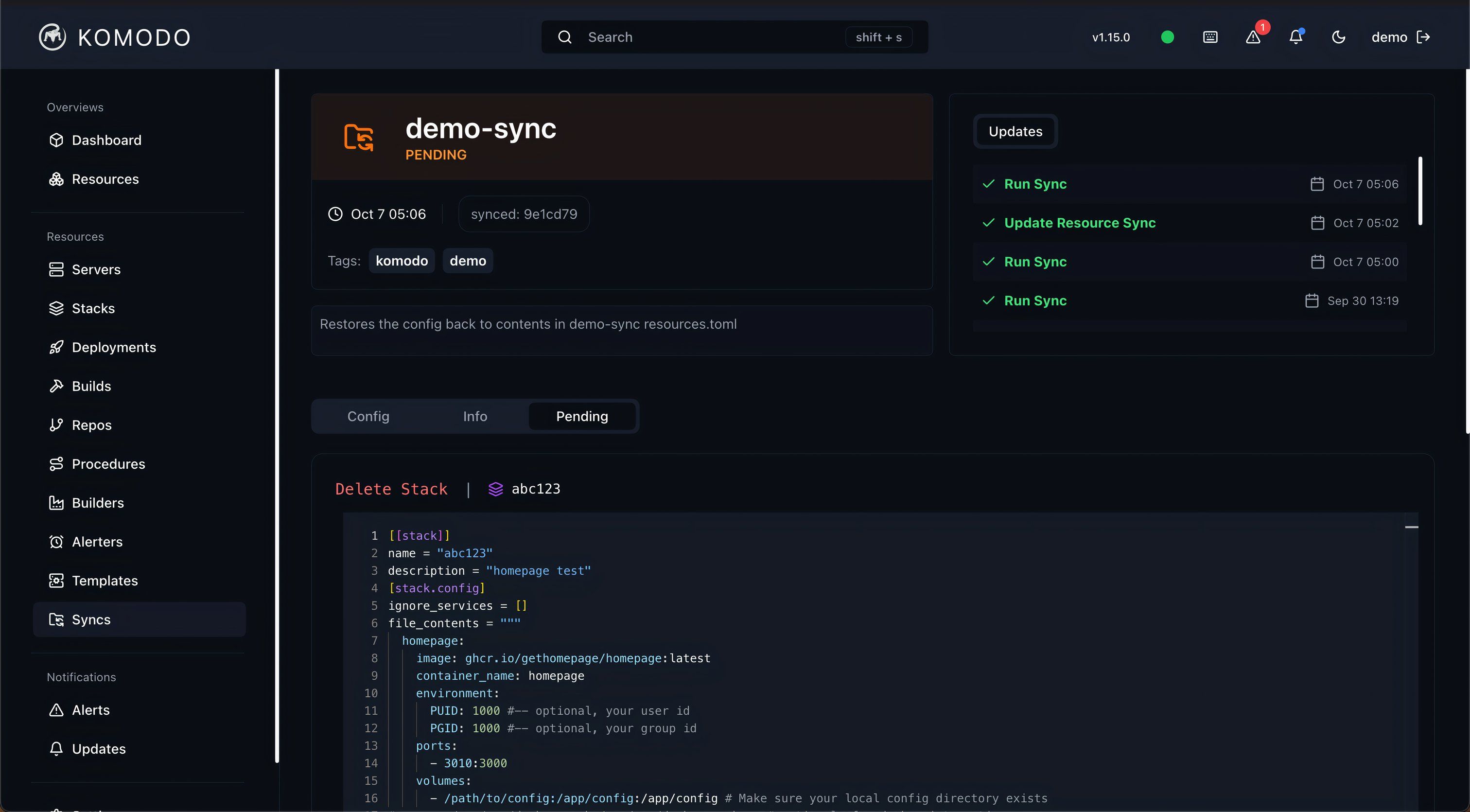 Komodo app with the Syncs section open showing a demo sync in progress