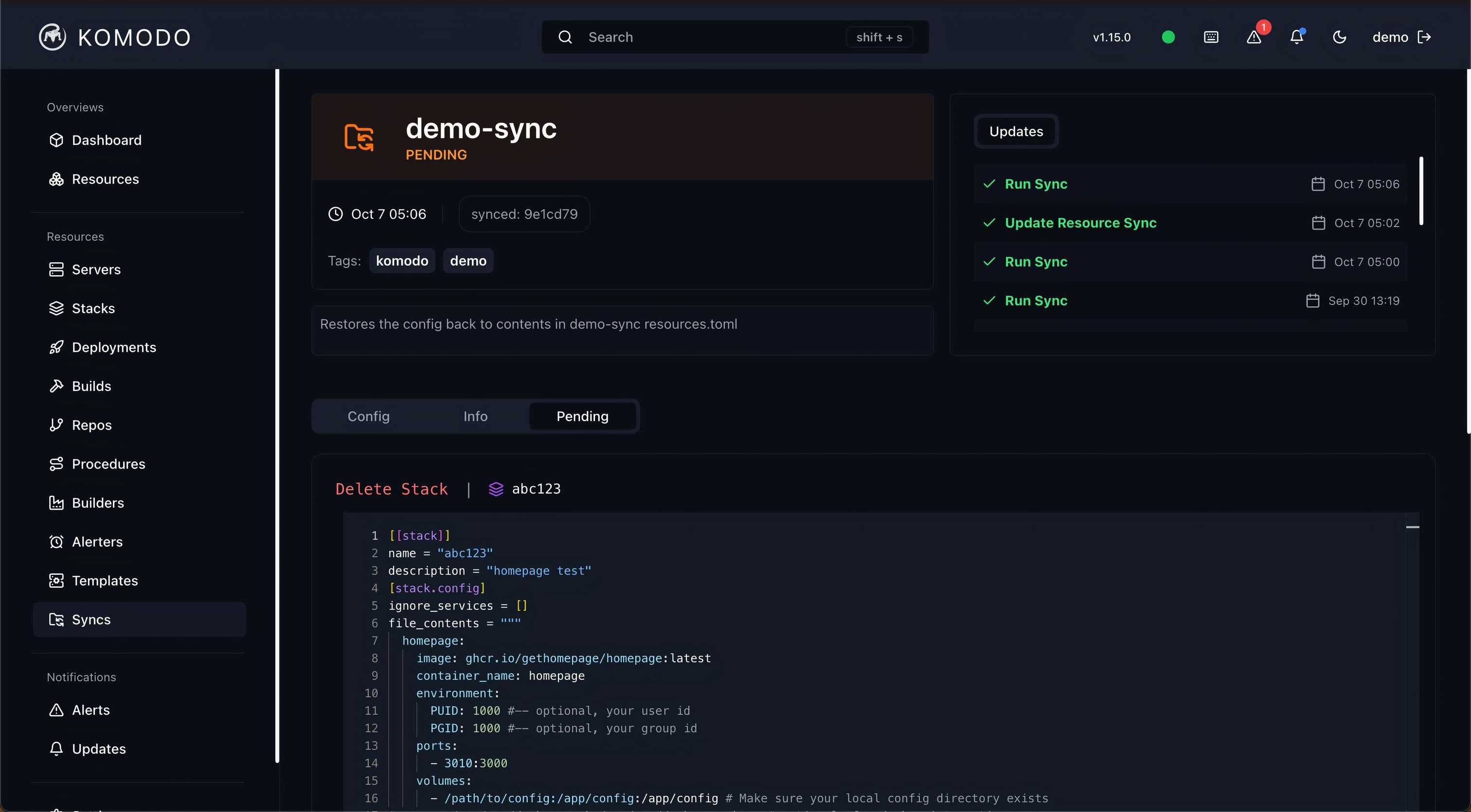 Komodo app with the Syncs section open showing a demo sync in progress