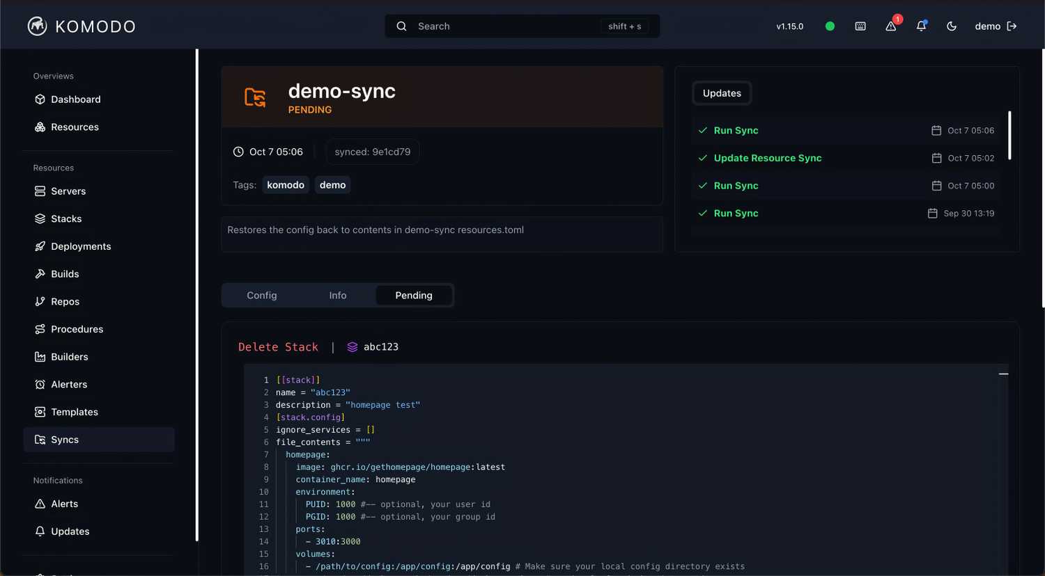 Komodo app with the Syncs section open showing a demo sync in progress