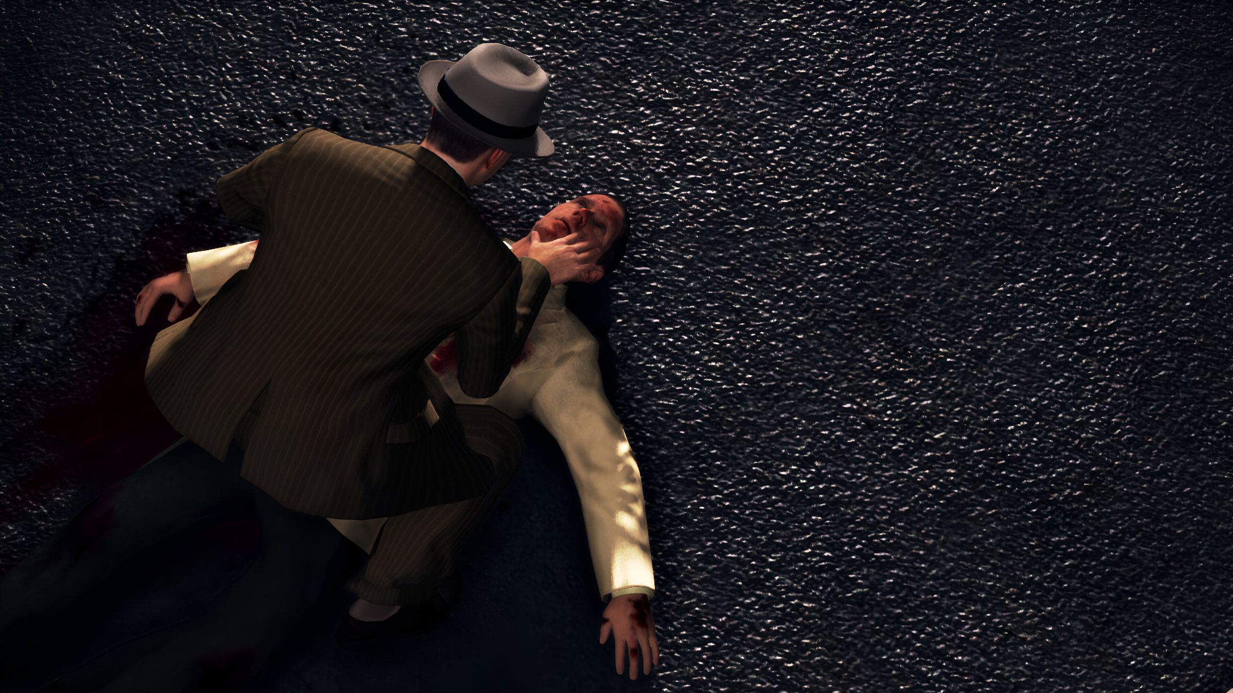 Cole Phelps leaning over another man's corpse in L.A. Noire.