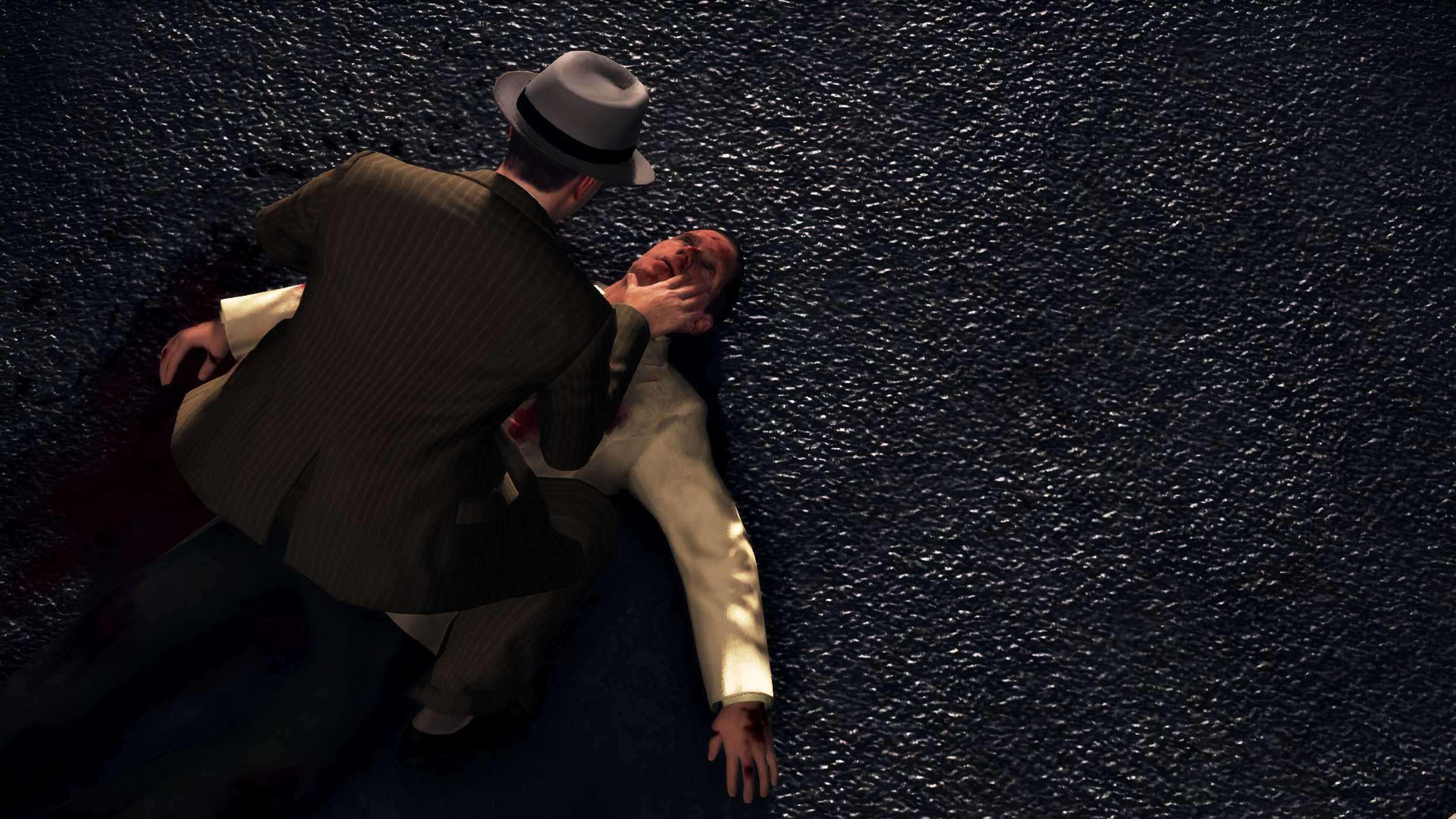 Cole Phelps leaning over another man's corpse in L.A. Noire.