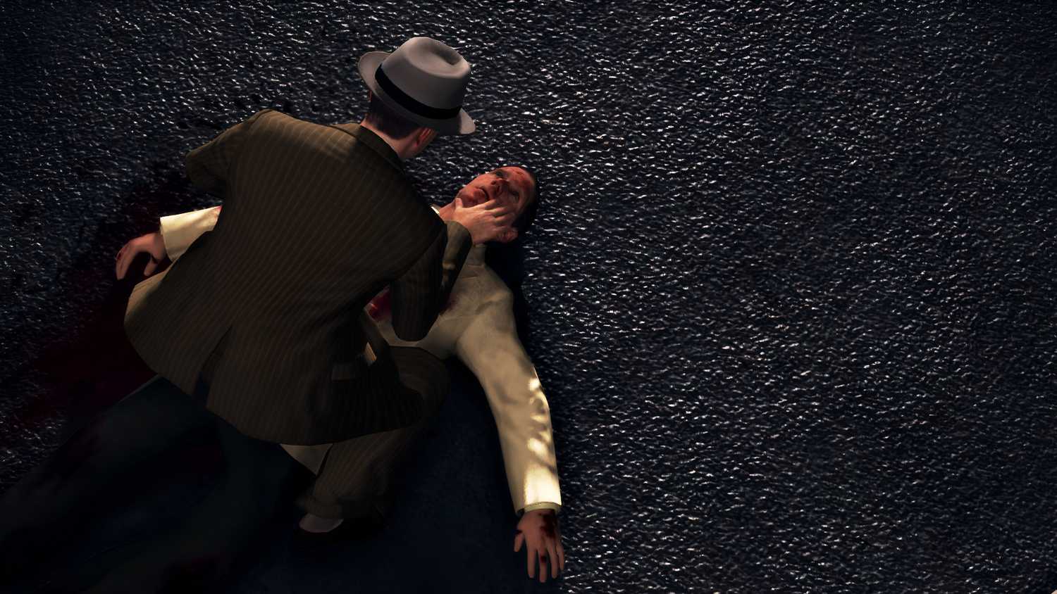 Cole Phelps leaning over another man's corpse in L.A. Noire.