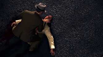Cole Phelps leaning over another man's corpse in L.A. Noire.