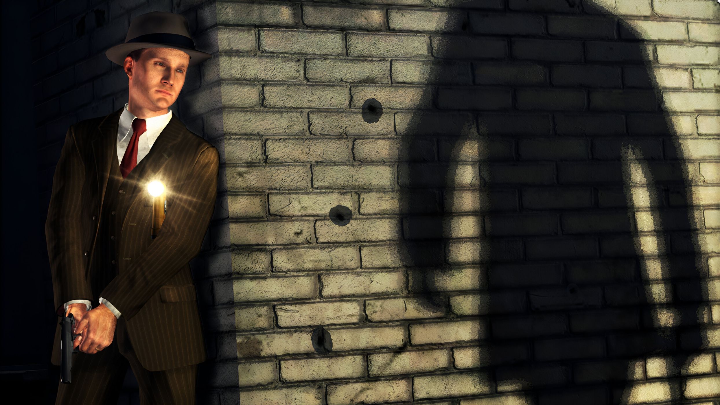 Cole Phelps taking cover against a wall while a shadow approaches him in L.A. Noire.