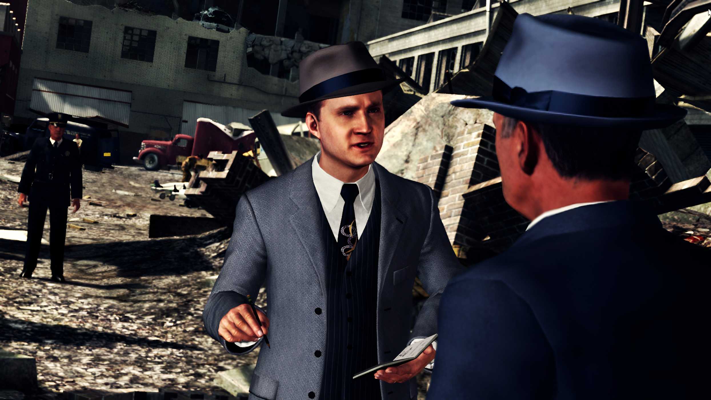 Cole Phelps talking to someone while holding a notepad in L.A. Noire.