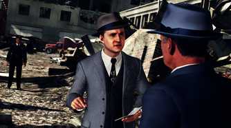 Cole Phelps talking to someone while holding a notepad in L.A. Noire.