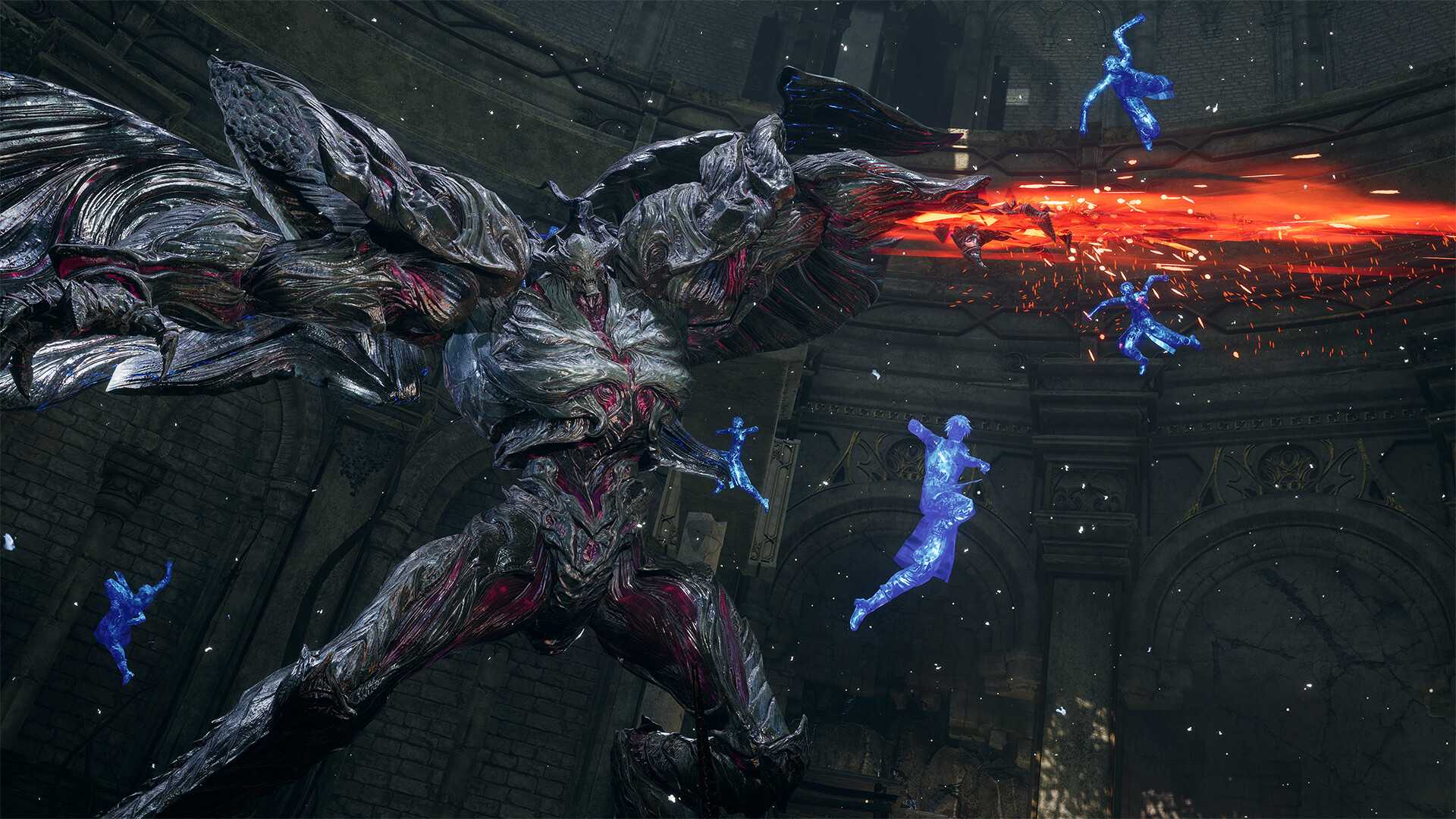 Image from Lost Soul Aside showing blue spirits fighting a boss