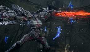 Image from Lost Soul Aside showing blue spirits fighting a boss