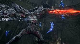Image from Lost Soul Aside showing blue spirits fighting a boss