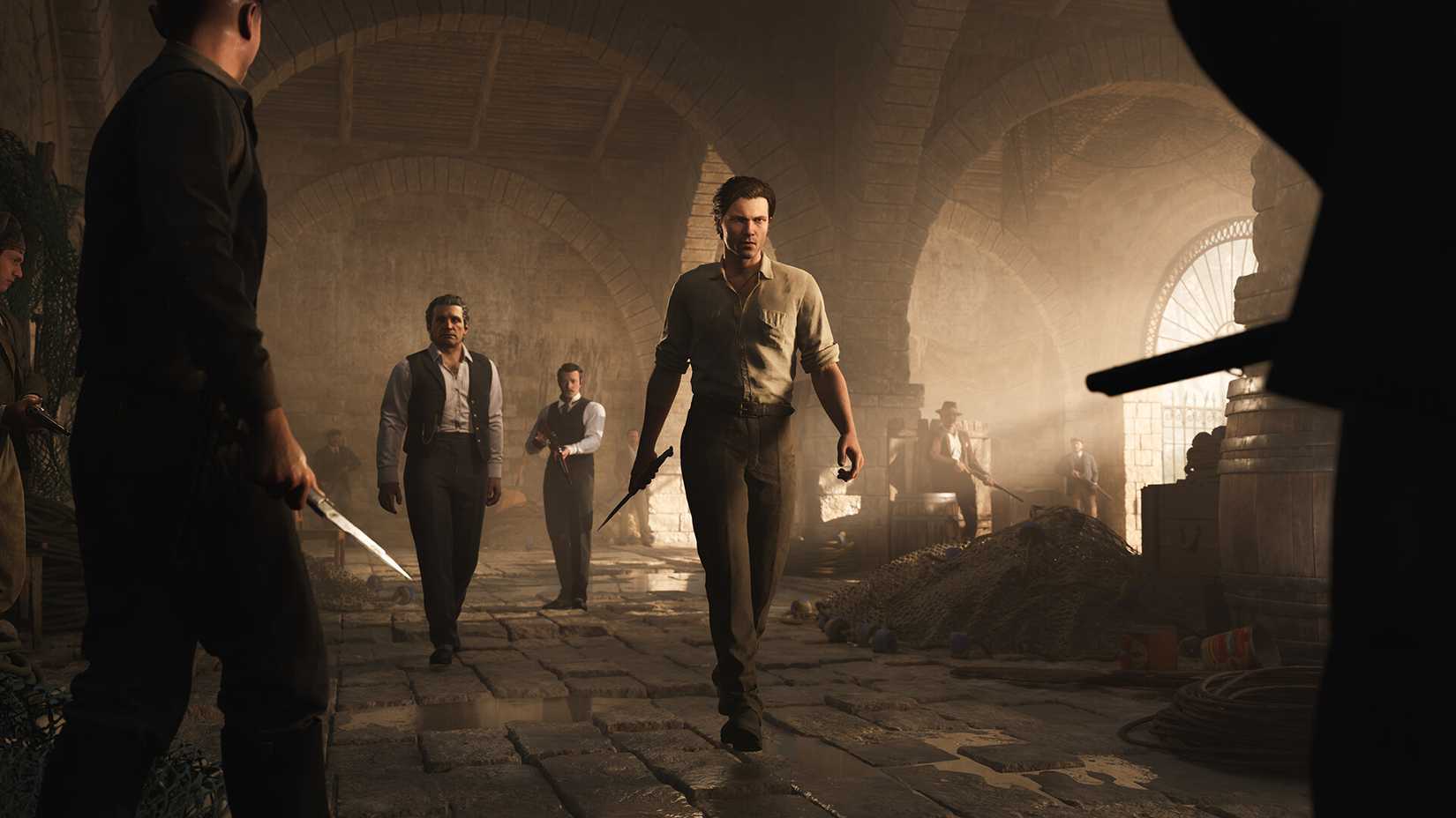 Mafia the old country Enzo holding a sword in a wine cellar