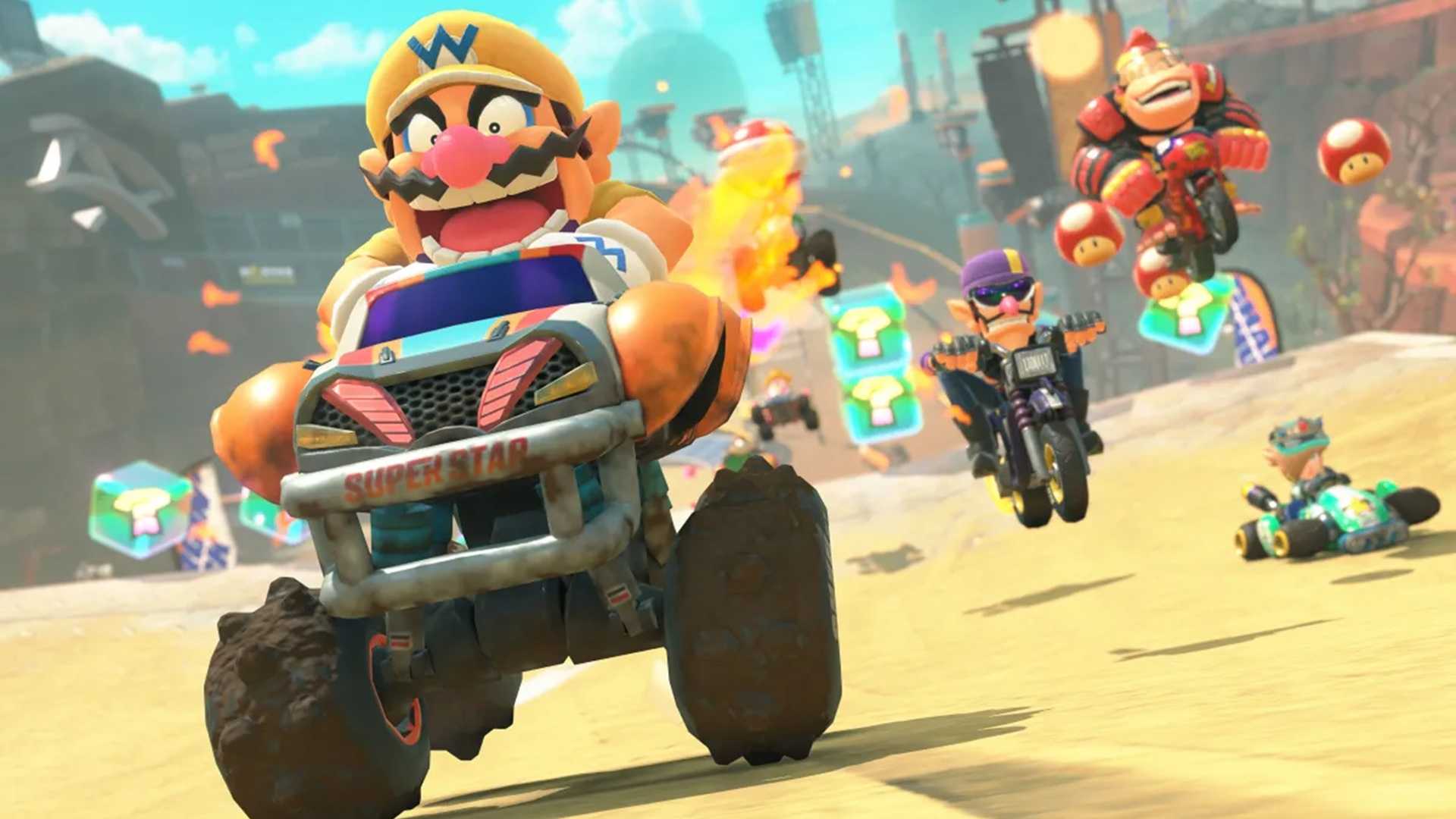 Wario driving in Mario Kart World