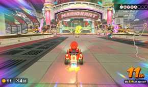 A screenshot of gameplay from Mario Kart World showing Mario in 8th place
