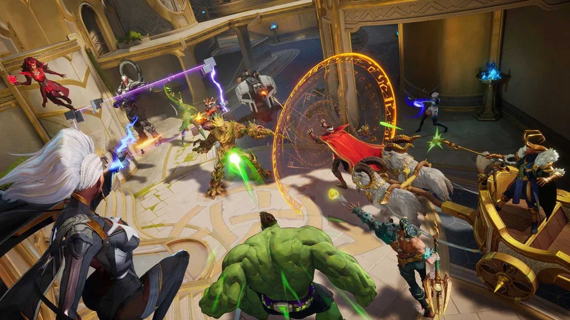 A screenshot of gameplay from Marvel Rivals showing a team fight on the payload