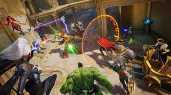 A screenshot of gameplay from Marvel Rivals showing a team fight on the payload