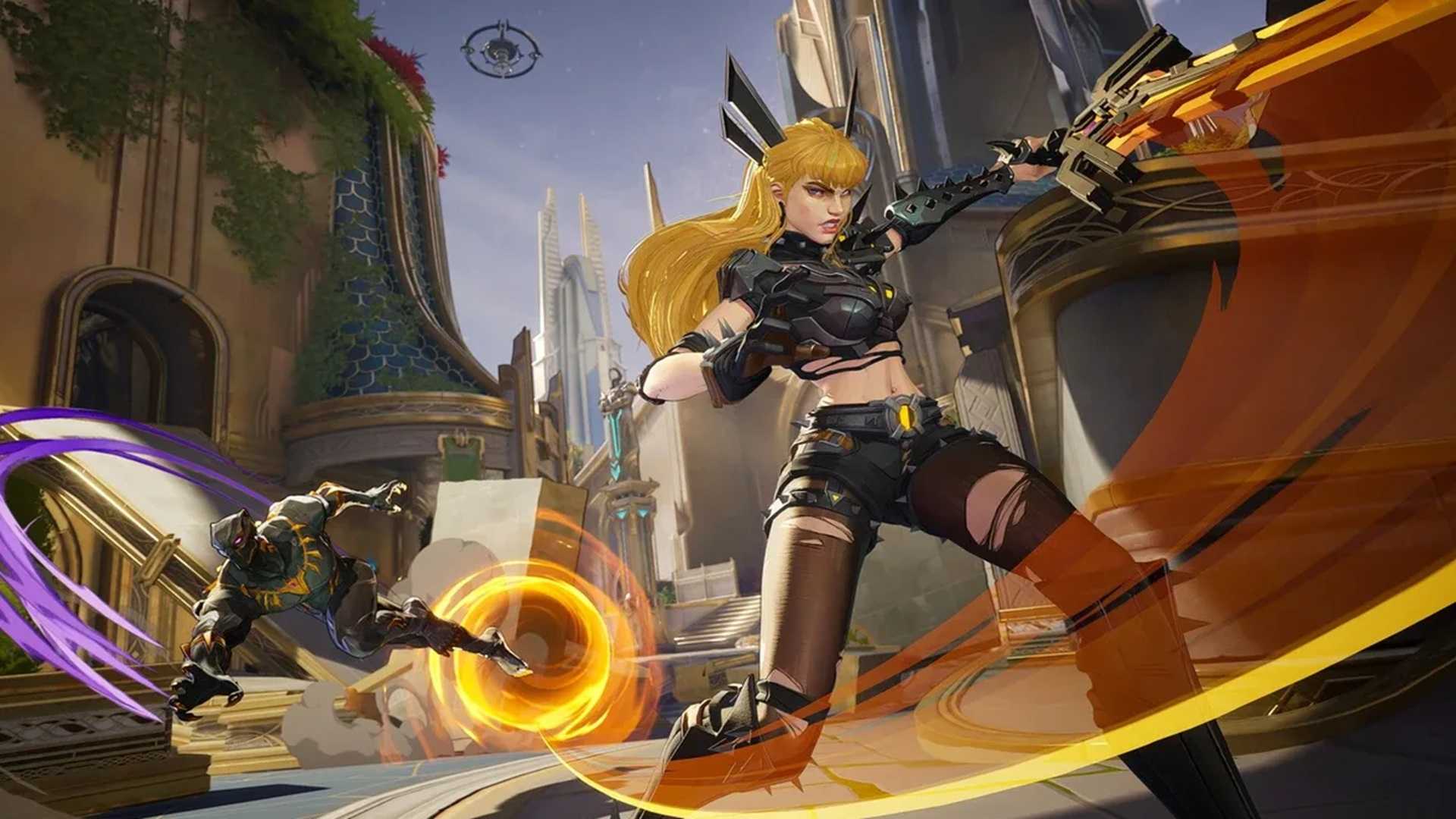 A screenshot of gameplay from Marvel Rivals featuring Magik swinging her sword