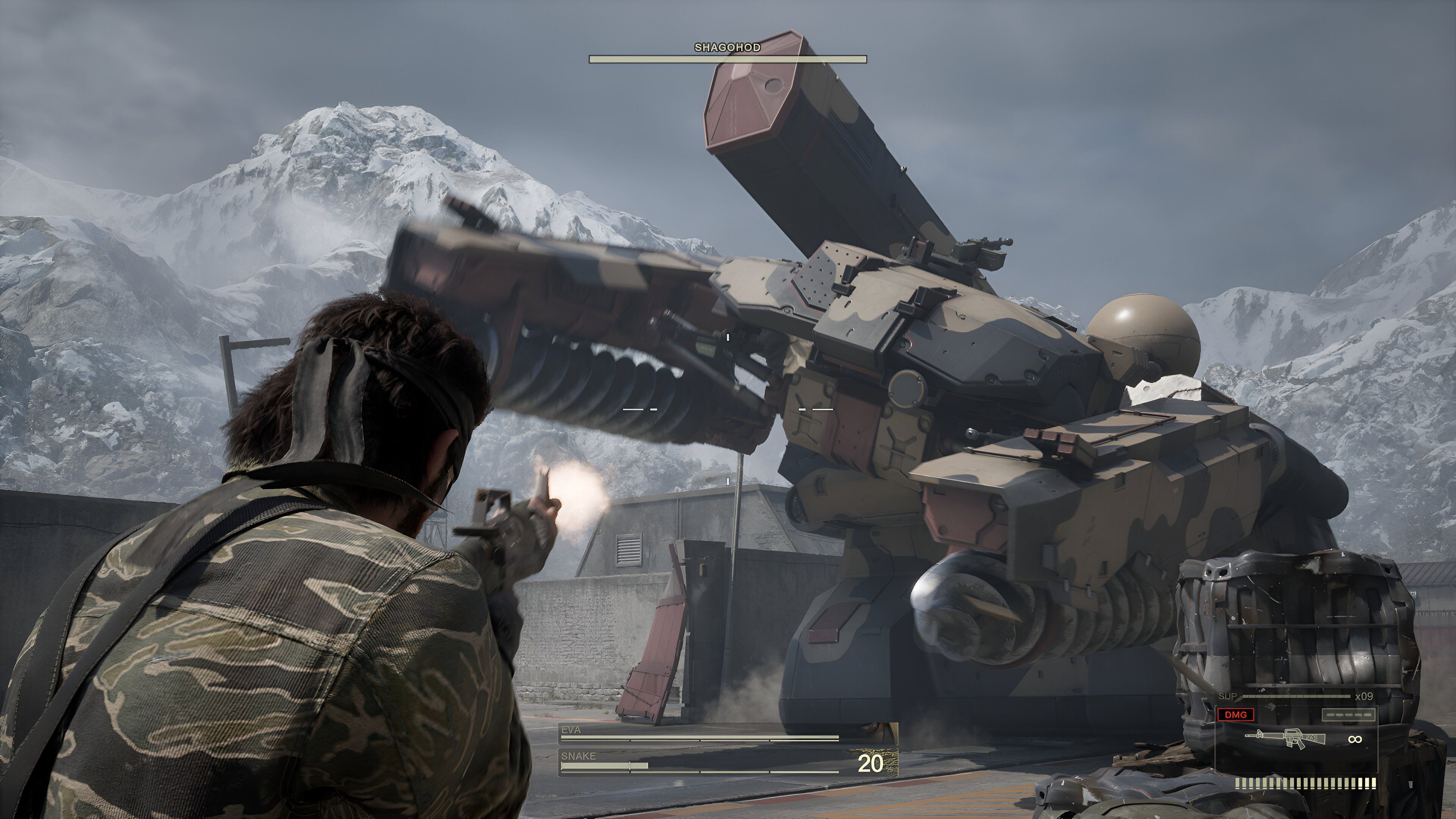 Naked Snake firing at a huge metal gear in Metal Gear Solid Delta: Snake Eater.