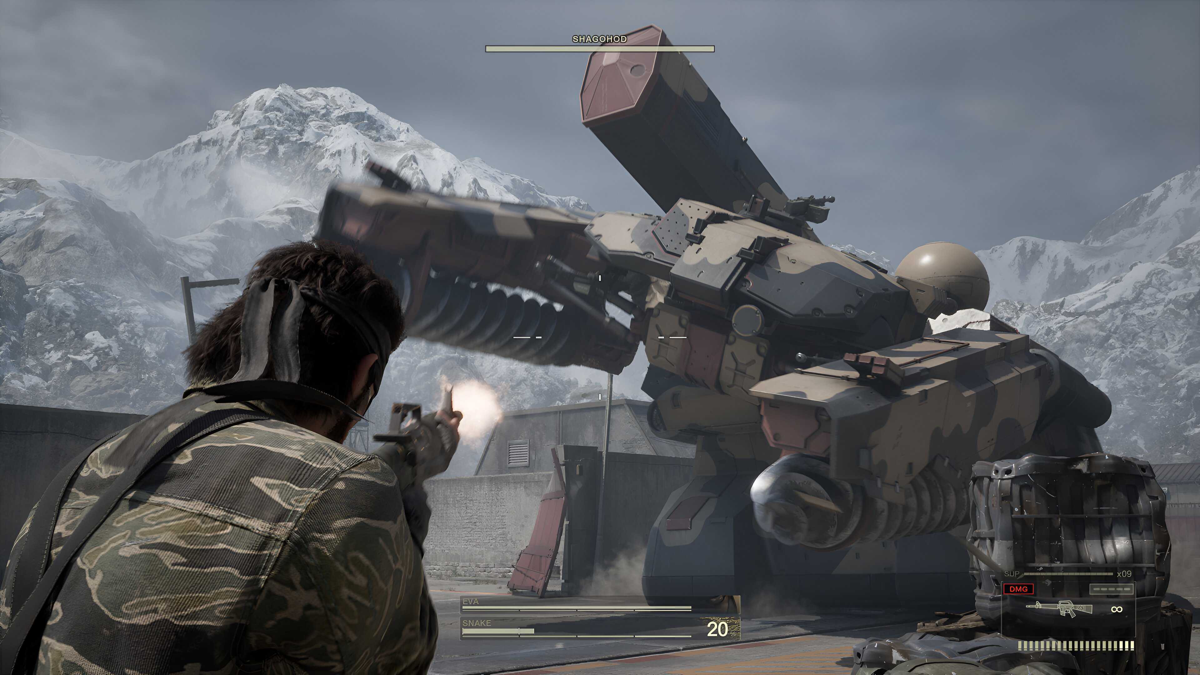 Naked Snake firing at a huge metal gear in Metal Gear Solid Delta: Snake Eater.