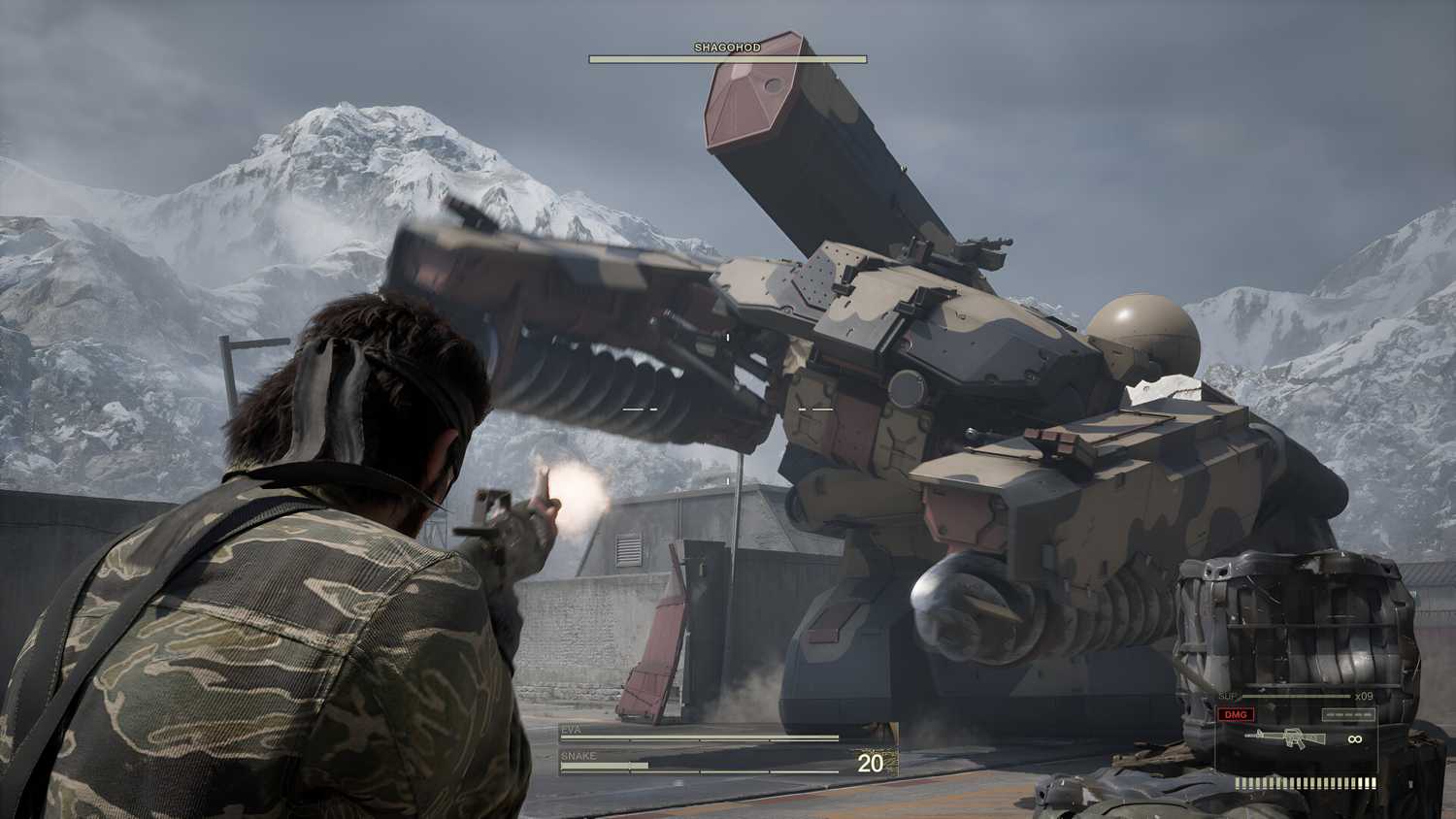 Naked Snake firing at a huge metal gear in Metal Gear Solid Delta: Snake Eater.