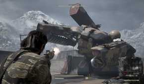 Naked Snake firing at a huge metal gear in Metal Gear Solid Delta: Snake Eater.