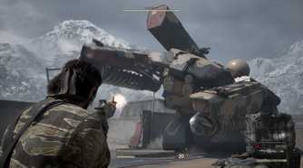 Naked Snake firing at a huge metal gear in Metal Gear Solid Delta: Snake Eater.