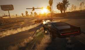 Image from MindsEye showing two cars drifting on a city street.